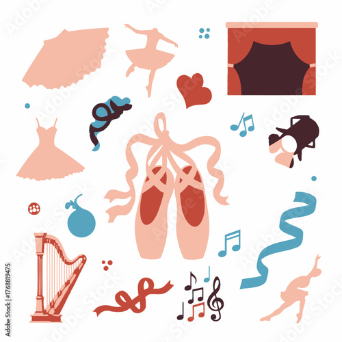 Colorful vector illustration featuring ballet elements like shoes, dress, stage, harp, and dancing figures