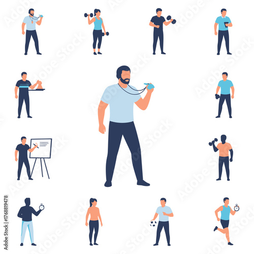 A collection of diverse individuals, engaging in varied physical activities and sports, and a coach