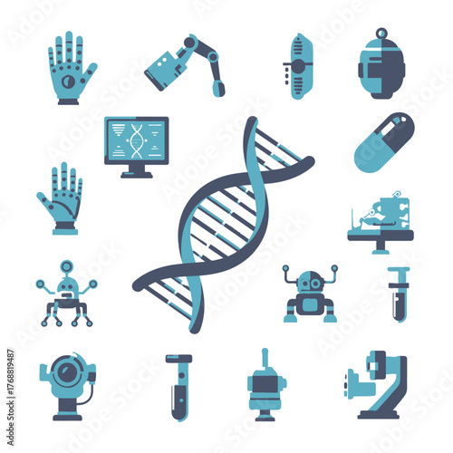 Collection of stylized illustrations features robotic elements, medical icons, and a DNA helix
