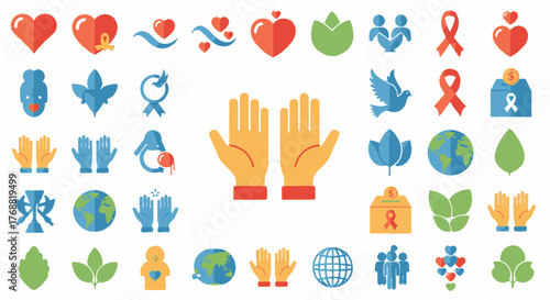 Collection of various flat-style icons of hearts, hands, earth, ribbons, and other symbols