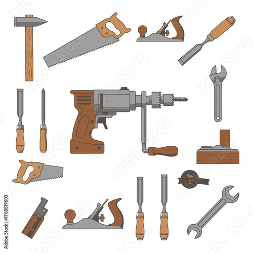 A collection of various carpentry tools, including saws, hammers, drills, and planes, depicted in a flat style
