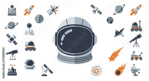 A collection of space-themed icons, including planets, spacecraft, and an astronaut's helmet, on white