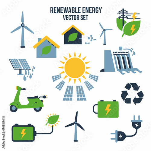 A collection of icons representing renewable energy sources, including wind, solar, and hydro power
