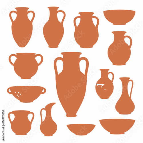 Collection of stylized terracotta-colored ancient pottery silhouettes. Various shapes urns, bowls, and pitchers