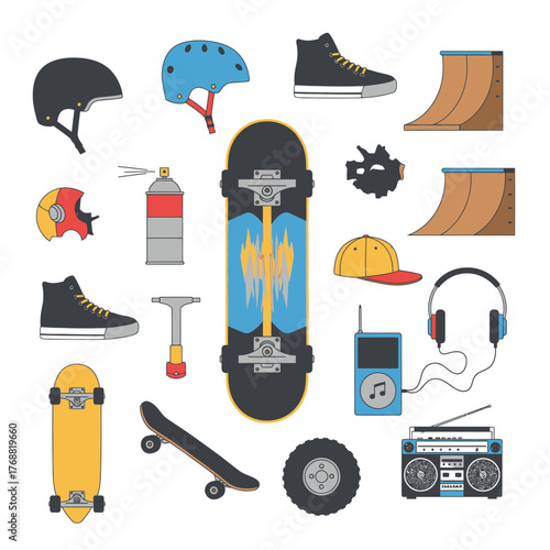 Colorful vector illustration of various skateboarding equipment and accessories isolated on white background
