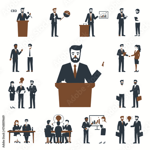 Business-themed illustration featuring various professionals, presentations, teamwork, discussions, and leadership