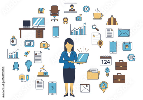 Illustration of a woman holding a laptop, surrounded by business and office icons