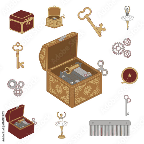 Illustration featuring music boxes, keys, ballerinas, gears, a magic wand, and musical instrument