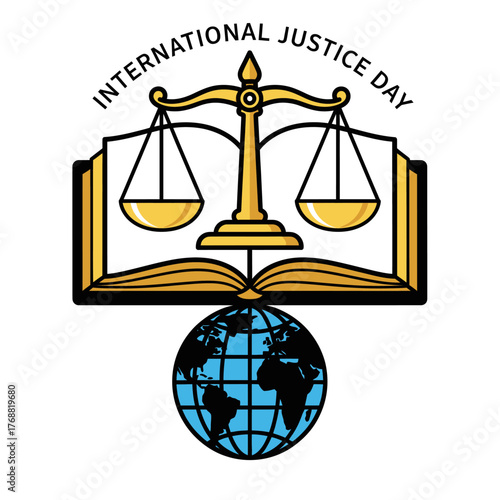 Symbolic illustration of international justice, featuring scales, an open book, and the globe