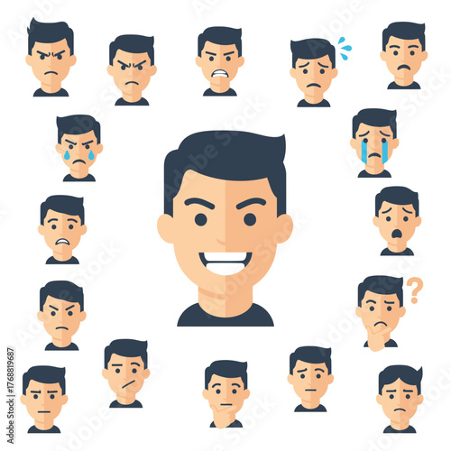 Collection of male avatars with various facial expressions, emotions, and reactions