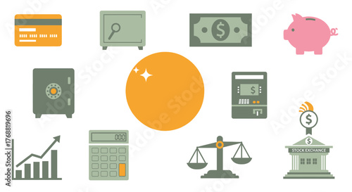 Flat icon set on finance, banking, economics, and money with white background