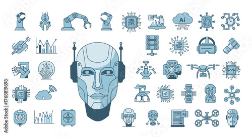 A collection of blue illustrations depicting robotics, AI, data, and technological advancement concepts