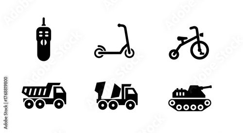Collection of simple icons featuring transportation and vehicles for kids and construction projects, offering versatile design elements.