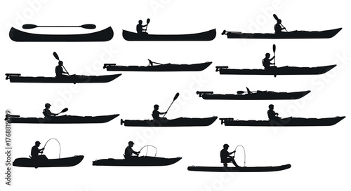 Dynamic collection of kayaks and canoes with people paddling and fishing, perfect for outdoor adventure and water sports marketing.