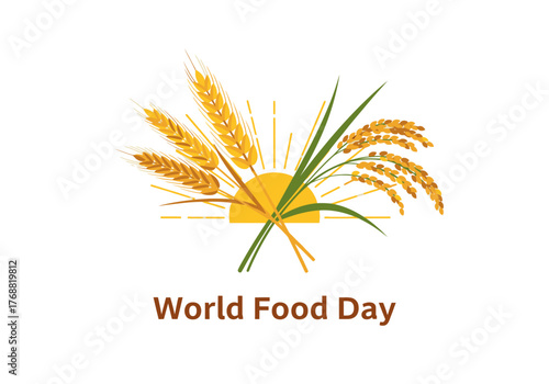 Stylized illustration for a global food awareness day, featuring wheat, rice, sun, and text
