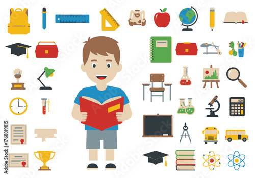 A colorful illustration showing school items like books, pencils, and the boy reading