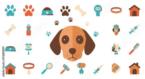 A flat design vector illustration featuring a dog's head, paws, food, and various pet care items