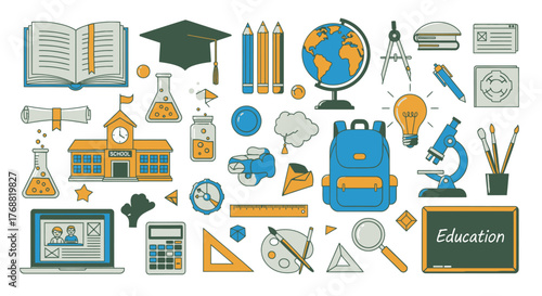A collection of educational objects, including books, globes, school, backpack, and tools
