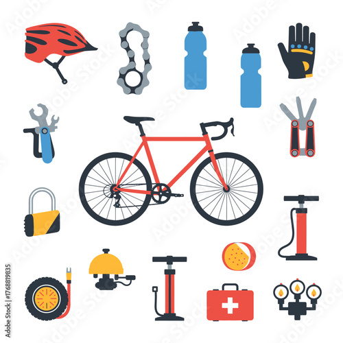 A collection of illustrations showing cycling equipment and accessories arranged in a flat lay design