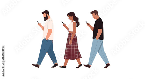 Individuals absorbed in their smartphones, walking in unison, symbolizing modern connectivity and digital focus in daily life.