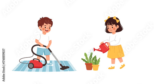 Cheerful children contributing to household chores with a happy boy vacuuming the rug and a girl watering the plants, promoting responsibility and teamwork