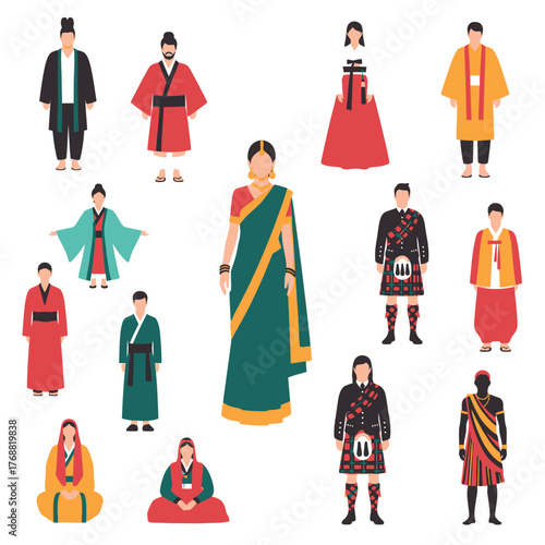A collection of various stylized figures of people wearing cultural traditional clothing