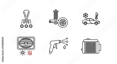 Explore essential car maintenance icons showing transmission, suspension, cooling, climate, washing, and engine for automotive repair and service promotion