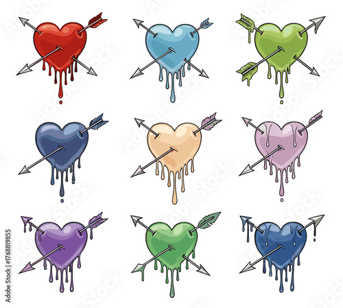Colorful pierced hearts bleeding love for Valentine's Day, a modern design for heartbreak awareness, and vibrant art for romantic themes and diverse emotions