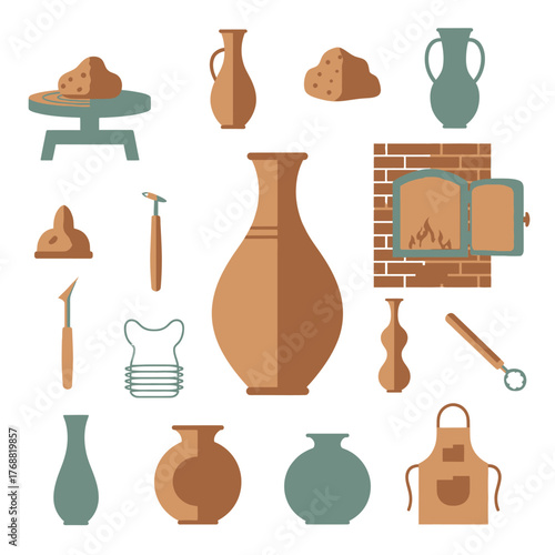 Flat vector illustration of pottery tools, clay, kiln, and finished vessels, in brown and teal