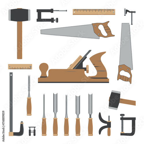 A collection of various carpentry tools, including saws, chisels, hammers, and a plane, arranged