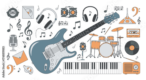 Illustration of musical instruments and symbols in shades of gray, blue, and orange