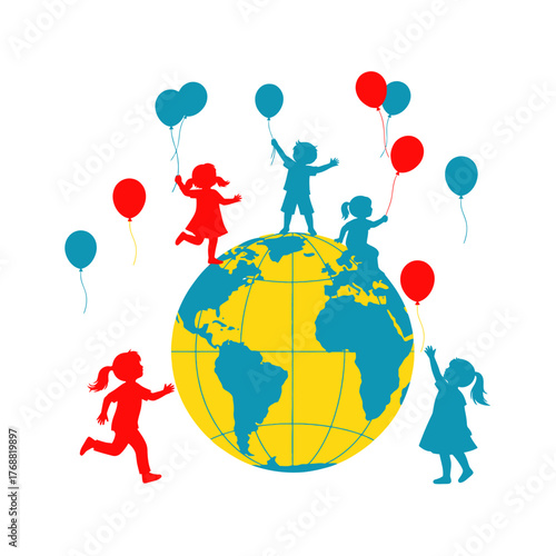 Colorful illustration of children playing on a globe with balloons of different colors