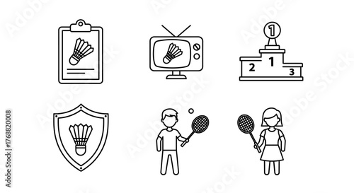 Badminton sport icons featuring player, podium, shield and shuttlecock, ideal for web design, apps, or posters needing a sporty, minimalist touch