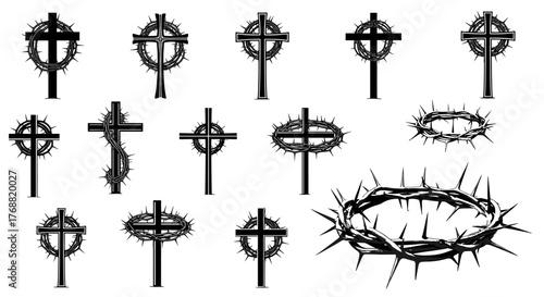 Powerful Christian crosses and thorny crowns symbolize faith, sacrifice, and redemption in stark black and white designs