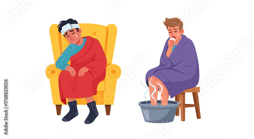 Sick individuals recovering at home, one with a bandaged head and blanket, the other with a steam foot bath, emphasizing comfort and healing.