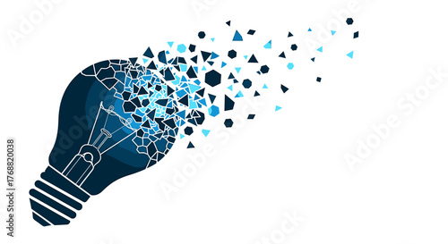 Brilliant idea explodes into vibrant geometric fragments, symbolizing innovation and creative breakthrough in modern business strategy