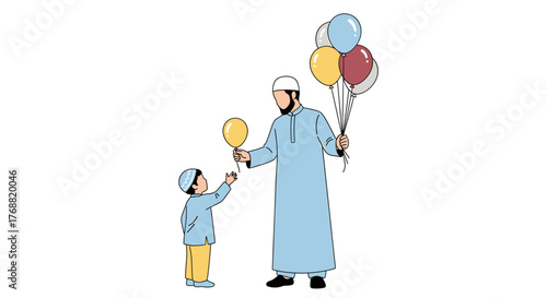 Joyful father shares bright balloons with son in heartwarming cultural celebration scene