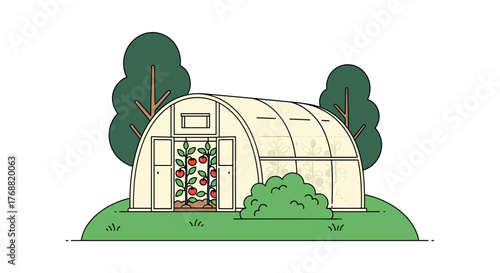 Vibrant greenhouse bursting with ripe tomatoes and lush greenery, showcasing bountiful harvest potential and sustainable living