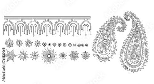 Exquisite paisley motifs and decorative floral elements create a stunning collection of intricate line art designs perfect for unique textile patterns or elegant stationery.