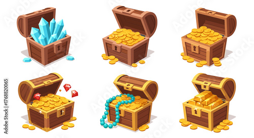 Unlock incredible wealth with these overflowing treasure chests filled with gold coins, sparkling gems, and precious jewels, perfect for your next project.