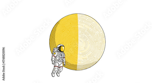 Astronaut explores vast cosmos, encountering a unique fingerprint-marked planet, symbolizing discovery and vast possibilities in space exploration.