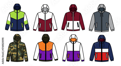 Collection of stylish hooded jackets featuring vibrant color blocking, camouflage, and modern designs for fashion concepts.