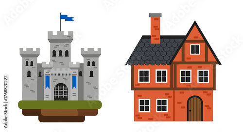 Whimsical cartoon castle and charming storybook house illustration, perfect for fantasy themes and children's content creation.
