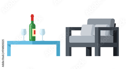 Modern living room setup with a stylish armchair and a refreshment table featuring wine and glasses for relaxation and entertaining guests.