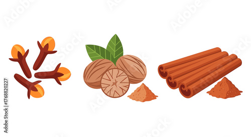 Vibrant collection of whole and ground spices including cinnamon sticks, nutmeg, and cloves, perfect for culinary and aromatic inspiration