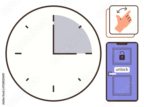 Large clock with highlighted time section, hand swipe motion icon, and purple locked door illustration. Ideal for time management, scheduling, access control, security, workflow, technology simple