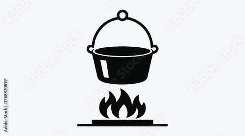 Cooking pot over campfire graphic element for outdoor adventures logo