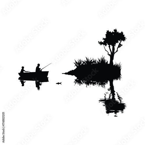Black and white silhouette illustration design of a father and son fishing on a small boat in retro street style