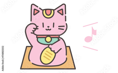 ピンクの招き猫 右手を上げた可愛いイラスト Cute Pink Maneki Neko with Right Paw Raised