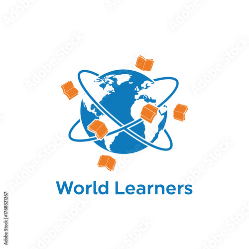 A globe surrounded by orbiting books, symbolizing education, knowledge, and global learning